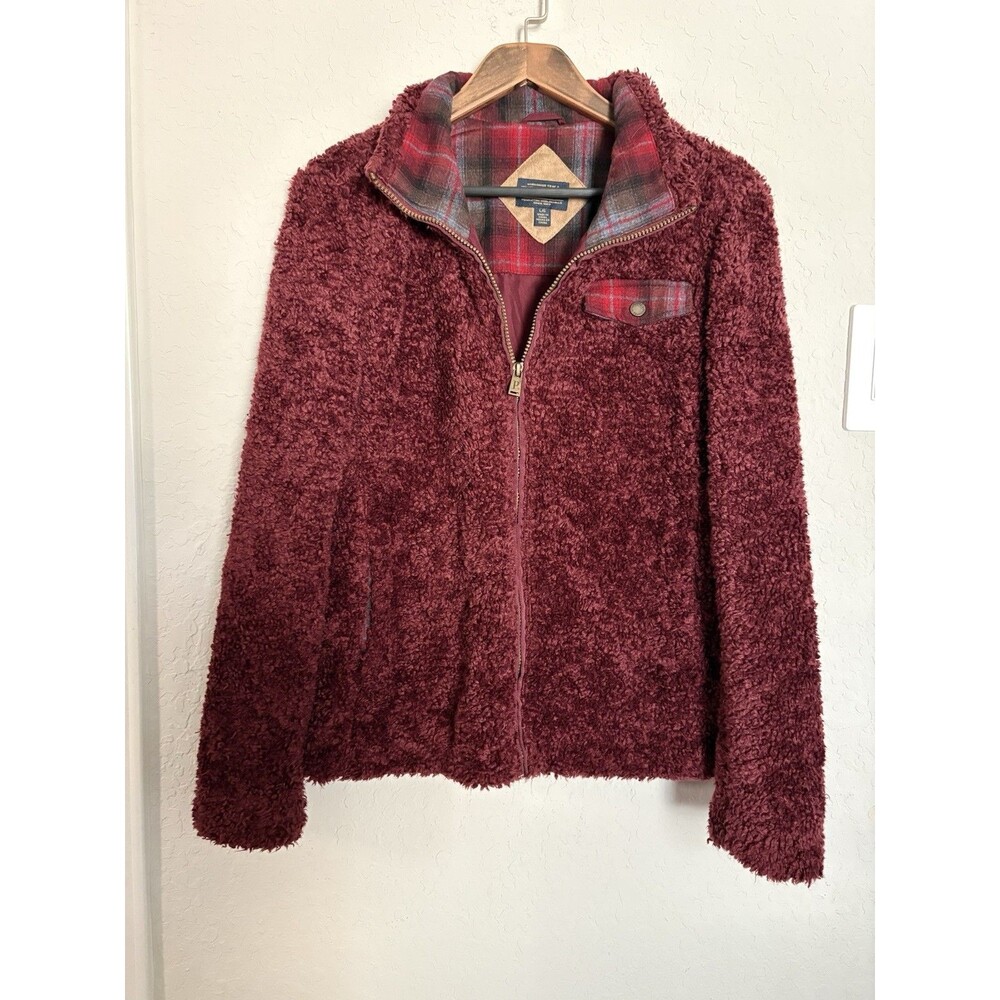 Pendleton Sherpa Full Zip Jacket Womens Sz Large Chore Barn Plaid Burgundy Fall